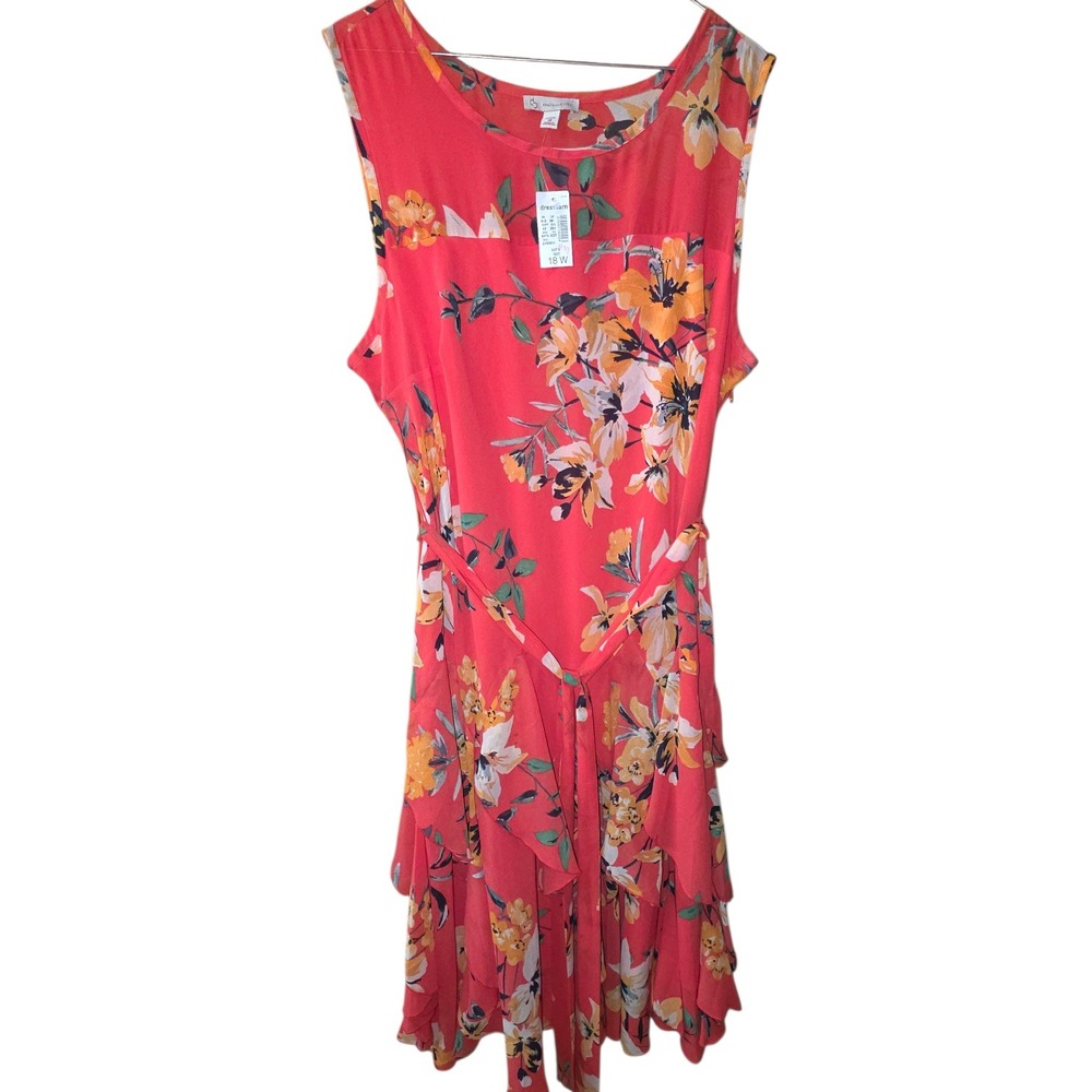 Dress Barn Women's Coral Floral Ruffle Tiered Belted Sleeveless Dress Size 18